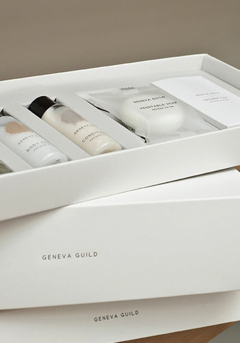 Geneva Guild cosmetic collection is available in a wide range of sizes and formats. entire collection in 100% r-PET and 93% recycled r-PE bottles and dispensers. GFL Contemporary Hotel Amenities.