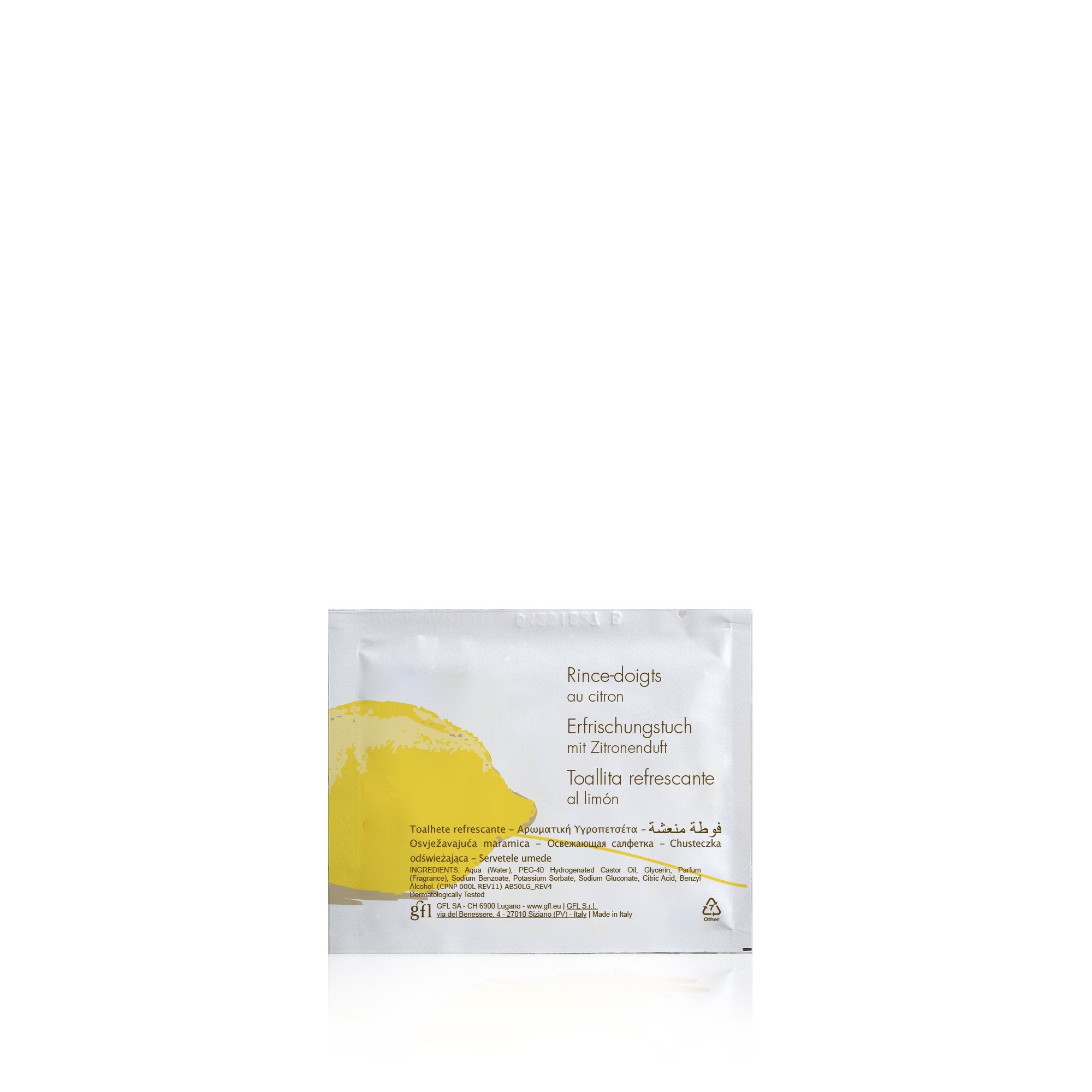 NEU – osvěžující ubrousek s vůní citronu · viskóza · sáček 7,25 × 9 cm